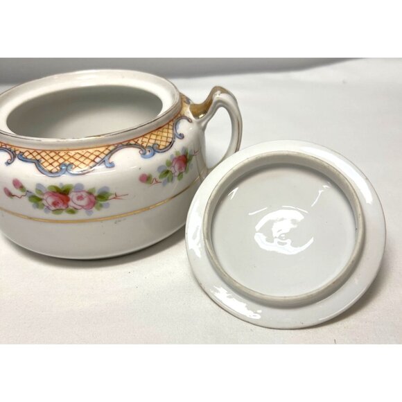 Nippon Vintage Hand-Painted Porcelain Sugar Bowl With Lid & Floral Design - Picture 4 of 5